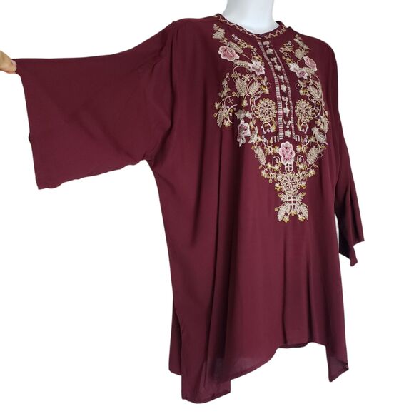 Grand & Greene Tunic Top Large Burgundy Floral Embroidered Button Front - Picture 2 of 13